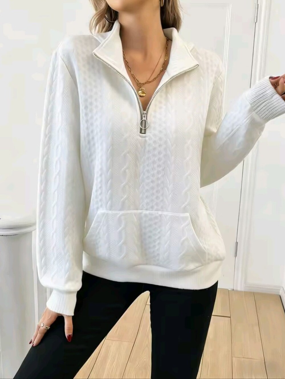 Women's Half Zip Pullover Sweatshirt Stand Collar Cable Textured Long Sleeve